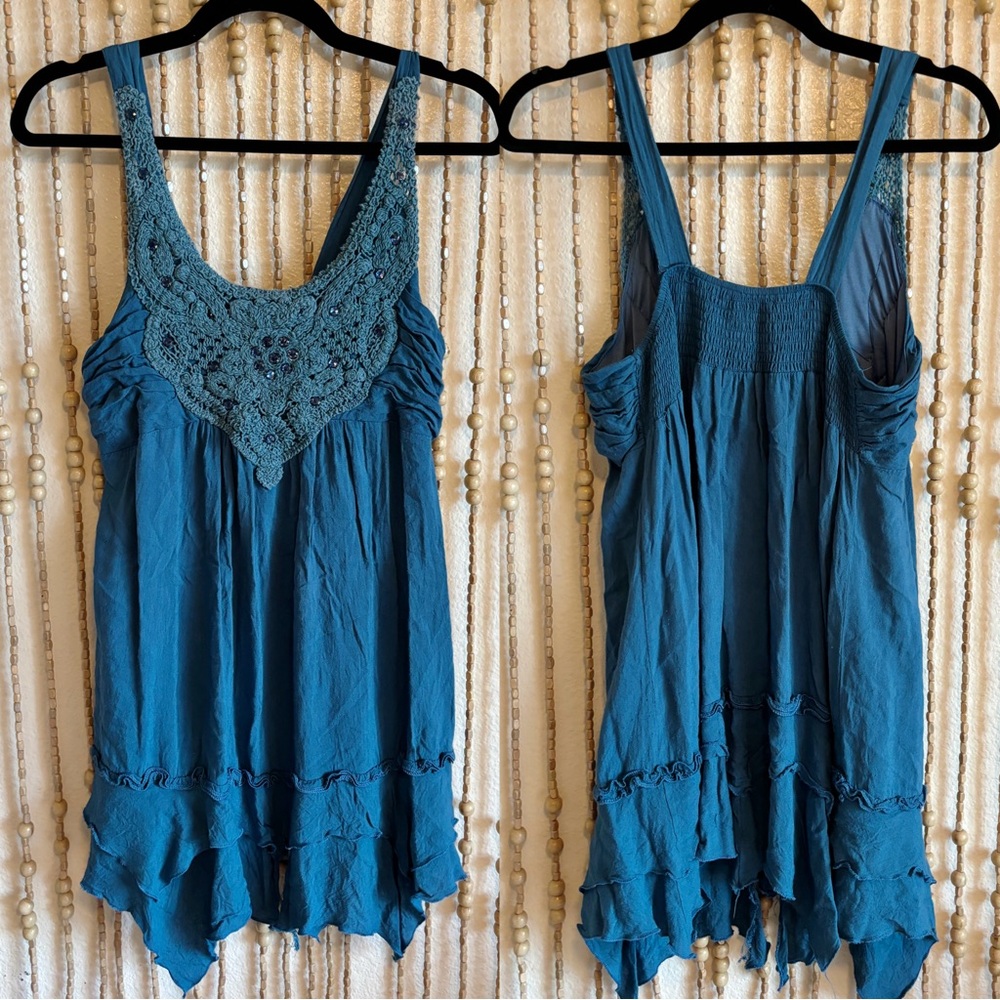 Y2K Vintage Blue Fairy Boho Tiered Asymmetrical Hem Crochet Beaded Smocked Tank